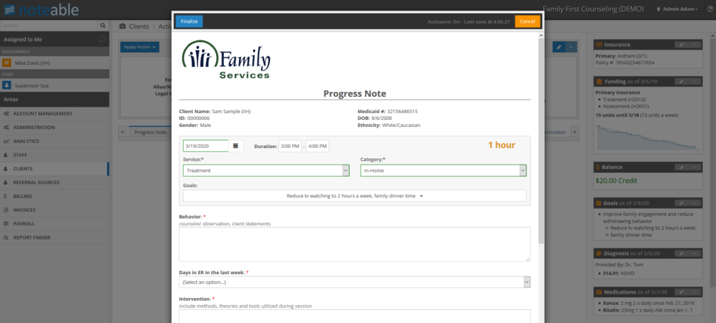 noteable aba practice management software for large practices screenshot