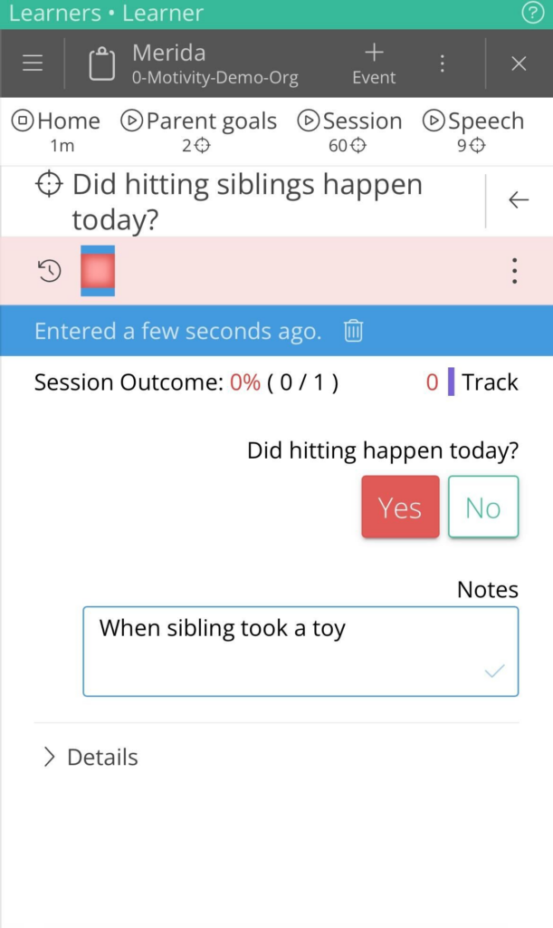 A mobile view of simplified data collection for a caregiver in Motivity
