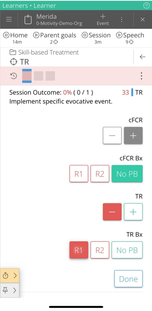 Mobile view of taking data in an SBT Session in Motivity